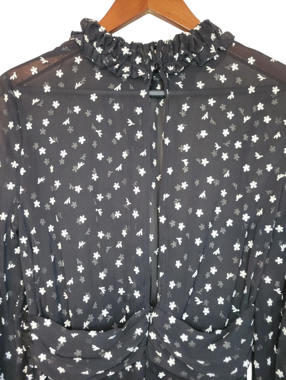 Zara Sheer Embroidered Blouse Small Black Floral Mesh Ruffle Neck Peplum Top - Picture 9 of 10